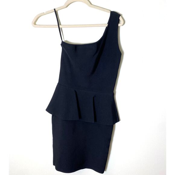 BCBG Maxazria Black One Shoulder Peplum Mini Dress Sz XS - Picture 1 of 3